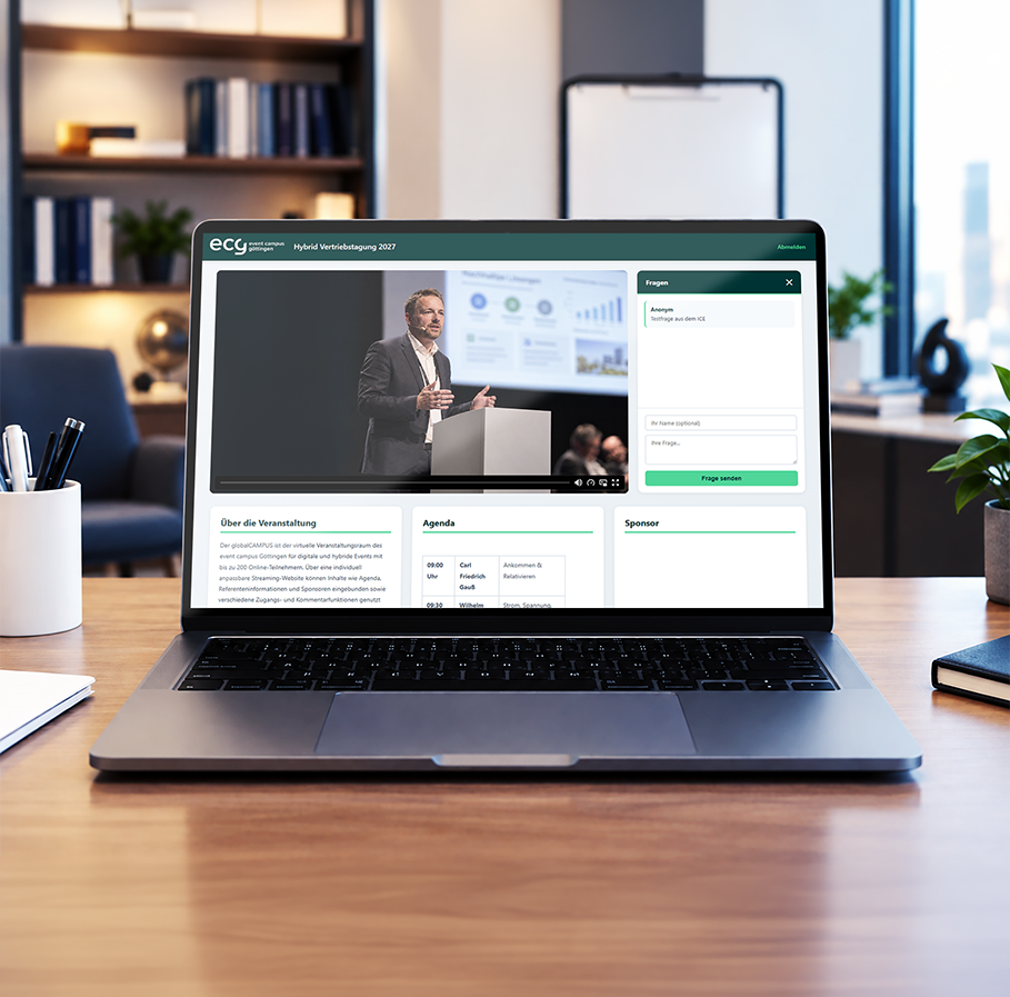 Virtueller Konferenzraum globalCAMPUS für hybride Events mit Streaming-Technik.